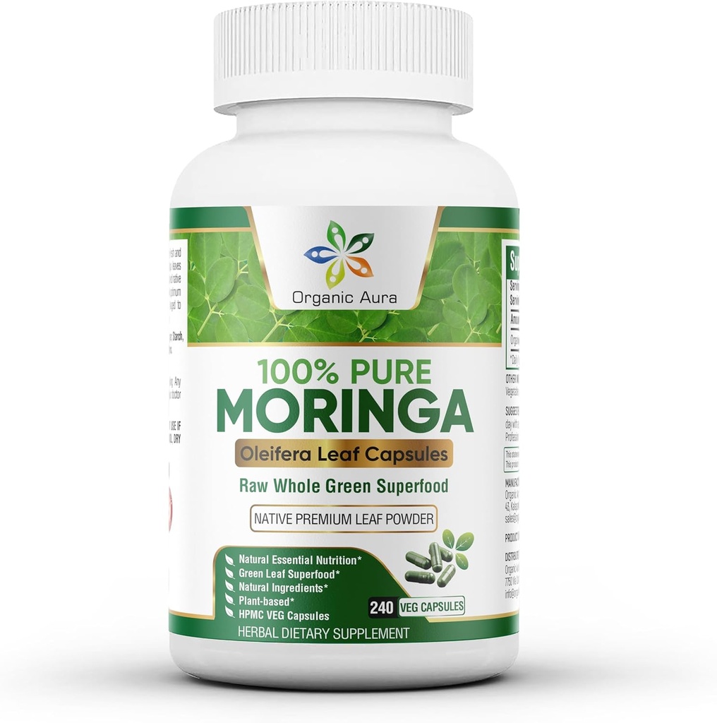 Βιολογικές κάψουλες Aura Moringa - 240 Ct Χονδρικό πακέτο. Αυθεντικό Raw Moringa Leaf Συμπλήρωμα για την Ενέργεια, Μεταβολισμό, Γαλουχία, Ανοσία & Κοινή Υγεία. Ολόκληρα Φύλλα Πράσινη Super Τροφίμων Διατροφή.