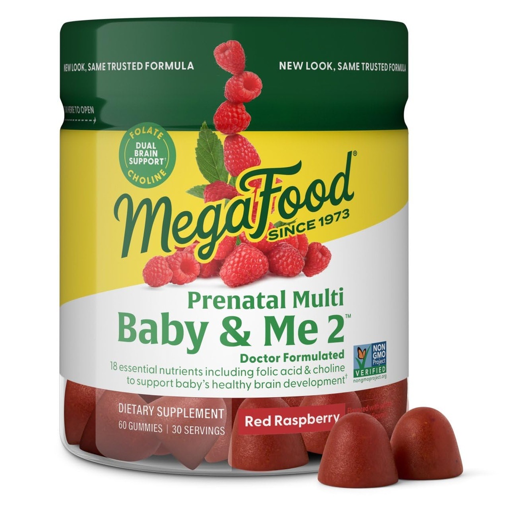 MegaFood Baby & Me 2 Προγεννητικές βιταμίνες για τις γυναίκες Gummies με φολικό οξύ και χολίνη για την ανάπτυξη του εγκεφάλου του μωρού? Plus Real Fruit-Κόκκινο Βατόμουρο Γεύση - 60 Gummies (30 εξυπηρετούν)
