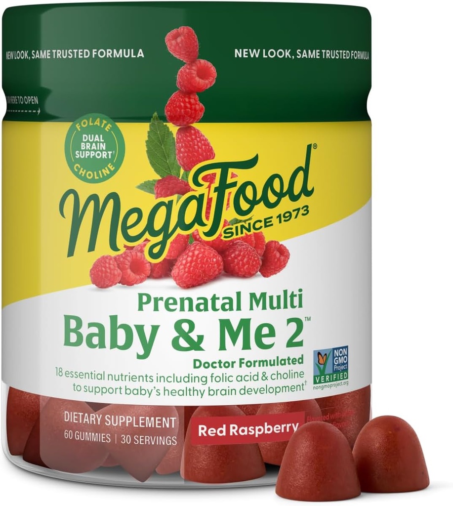 MegaFood Baby & Me 2 Προγεννητικές βιταμίνες για τις γυναίκες Gummies με φολικό οξύ και χολίνη για την ανάπτυξη του εγκεφάλου του μωρού? Plus Real Fruit-Κόκκινο Βατόμουρο Γεύση - 60 Gummies (30 εξυπηρετούν)