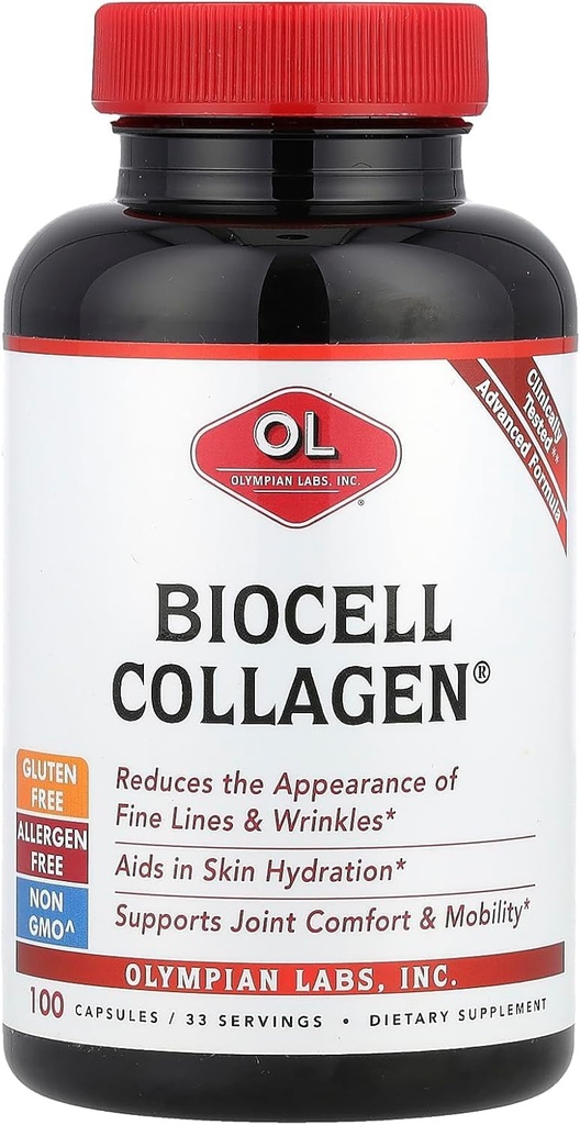Olympian Labs Biocell Collagen II 1500mg Συμπληρώματα καψακίων Μη ΓΤΟ, Χωρίς Γλουτένη, Χωρίς Αλεργκάνα - Υποστηρίζει το δέρμα και την κοινή υγεία και την παραγωγή κυττάρων - 100 κάψουλες (33 Ημέρα προσφοράς)