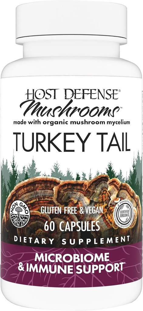 Host Defense Turkey Κάψουλες ουράς - Digestive Health & Immune Response Support Supplement - Συμπλήρωμα μανιταριών για την υποστήριξη μικροβιώματος γαστρεντερικού & ουρτιού - 60 κάψουλες (30 υπηρεσίες)*