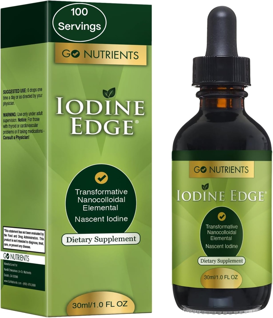 Go Nutrients Iodine Edge – Organic Nascent Iodine Liquid Supplement for Thyroid Support, Energy, Immune & Cognitive Health – Highπές υψηλής απορρόφησης - Φυσικό βάμμα για γυναίκες & άνδρες – 1 oz
