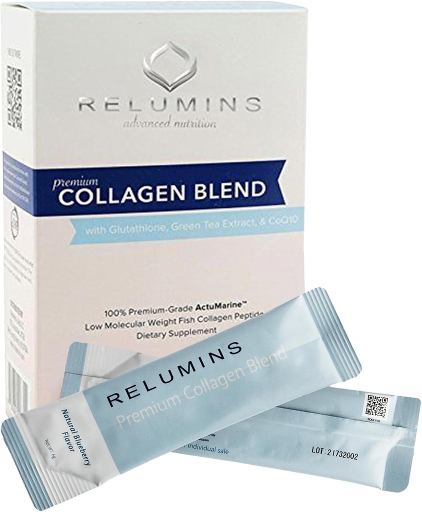 Relumins Marine Collagen Powder Drink Mix - Collagen Peptide με Glutathione, Πράσινο Τσάι, CoQ10, & Hyaluronic Acid Ενισχύει Απαλό Λαμπερό Δέρμα - 20 Σακάκια σκόνης x Blueberry Flavored + 2 Free Sachets
