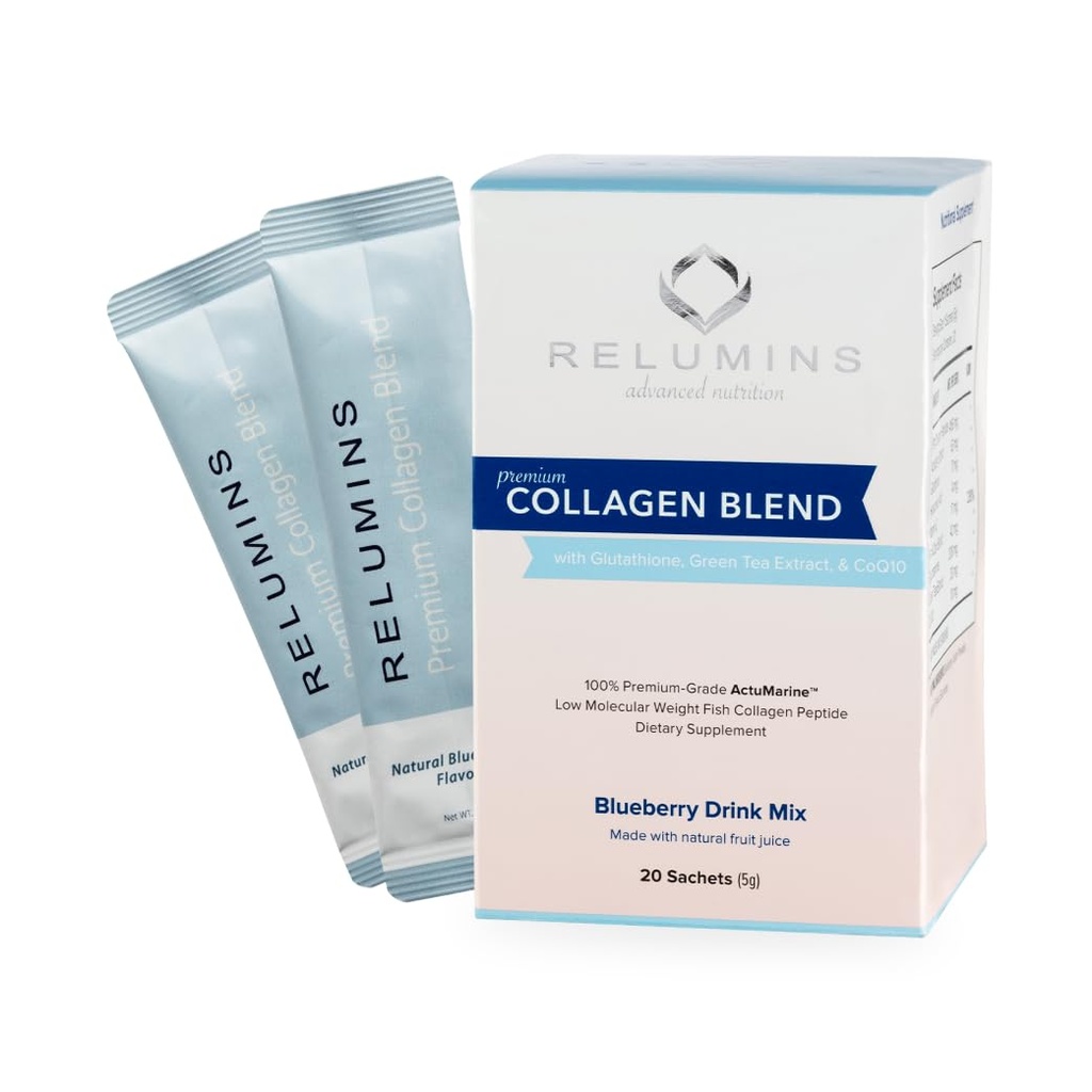 Relumins Marine Collagen Powder Drink Mix - Collagen Peptide με Glutathione, Πράσινο Τσάι, CoQ10, & Hyaluronic Acid Ενισχύει Απαλό Λαμπερό Δέρμα - 20 Σακάκια σκόνης x Blueberry Flavored + 2 Free Sachets
