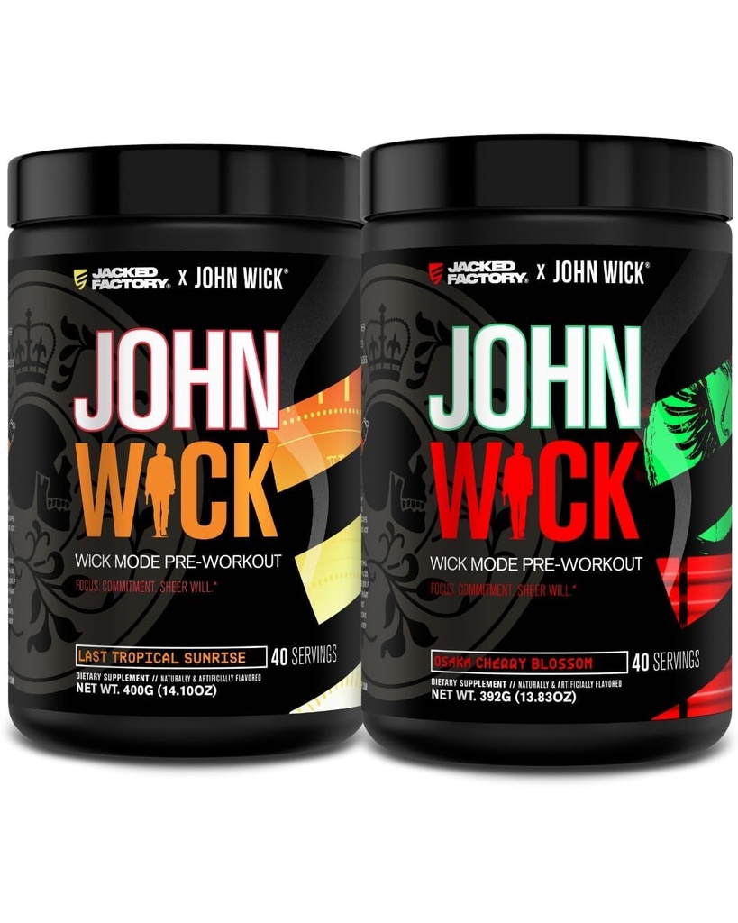 Jacked Factory X John Wick - Wick Mode Pre Workout Powder - Έντονη ενέργεια, μάχη-έτοιμο Focus, ασταμάτητη δέσμευση, και Sheer Will - Τελευταία Τροπική Ανατολή & Osaka Cherry Blossom (80 εξυπηρετούν)