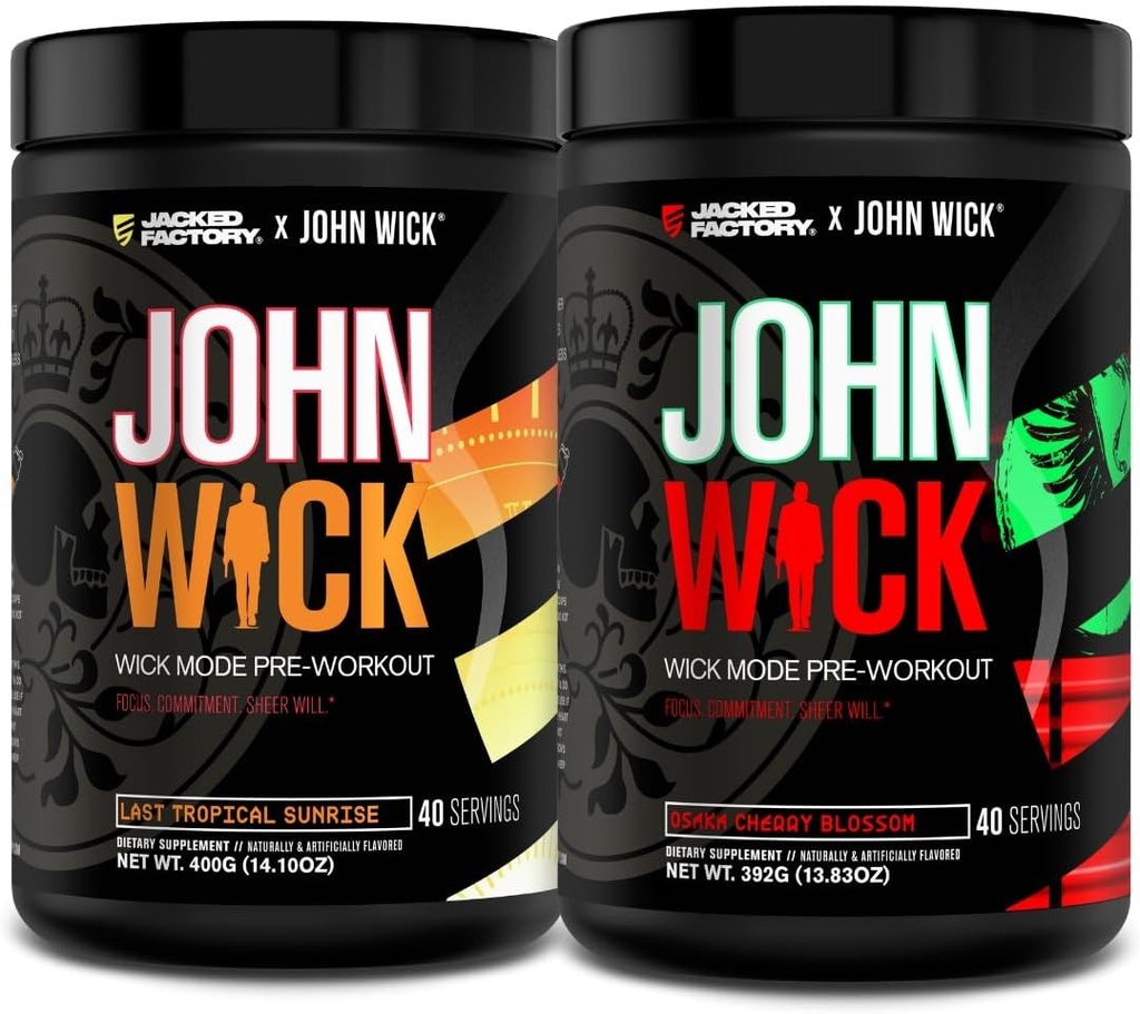 Jacked Factory X John Wick - Wick Mode Pre Workout Powder - Έντονη ενέργεια, μάχη-έτοιμο Focus, ασταμάτητη δέσμευση, και Sheer Will - Τελευταία Τροπική Ανατολή & Osaka Cherry Blossom (80 εξυπηρετούν)