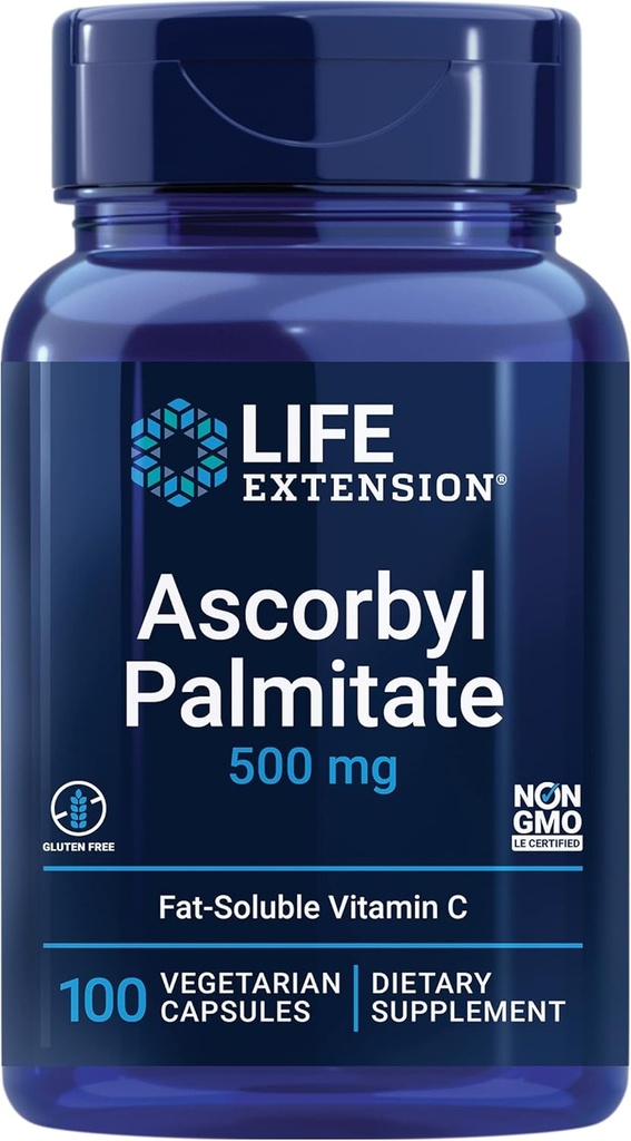 Επέκταση ζωής Ascorbyl Palmitate 500mg – συμπλήρωμα λιποδιαλυτής βιταμίνης C για ανοσοενισχυτική υποστήριξη και μακροζωία – Χωρίς υδατοδιαλυτή γλουτένη, μη ΓΤΟ, χορτοφάγοι – 100 κάψουλες