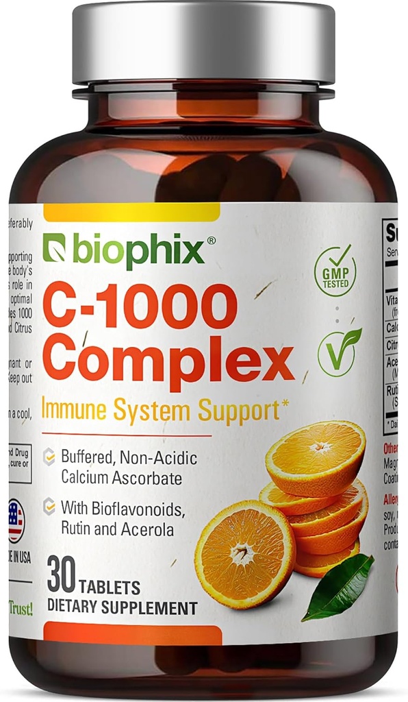Vitamin C-1000 mg 30 Tablets Complex - Vegan with Calcium Citrus Bioflavonoids Acerola Rutin - Supports Immune Health