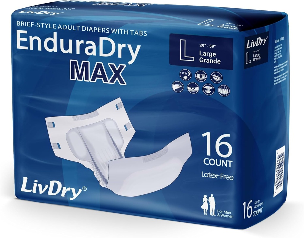 LivDry EnduraDry Max Adult Diapers with Tabs, Έως 12 ώρες, Super Absorbent Ακράτεια Εσώρουχα, Leak Protection Briefs, Μεγάλη, 16-Pack