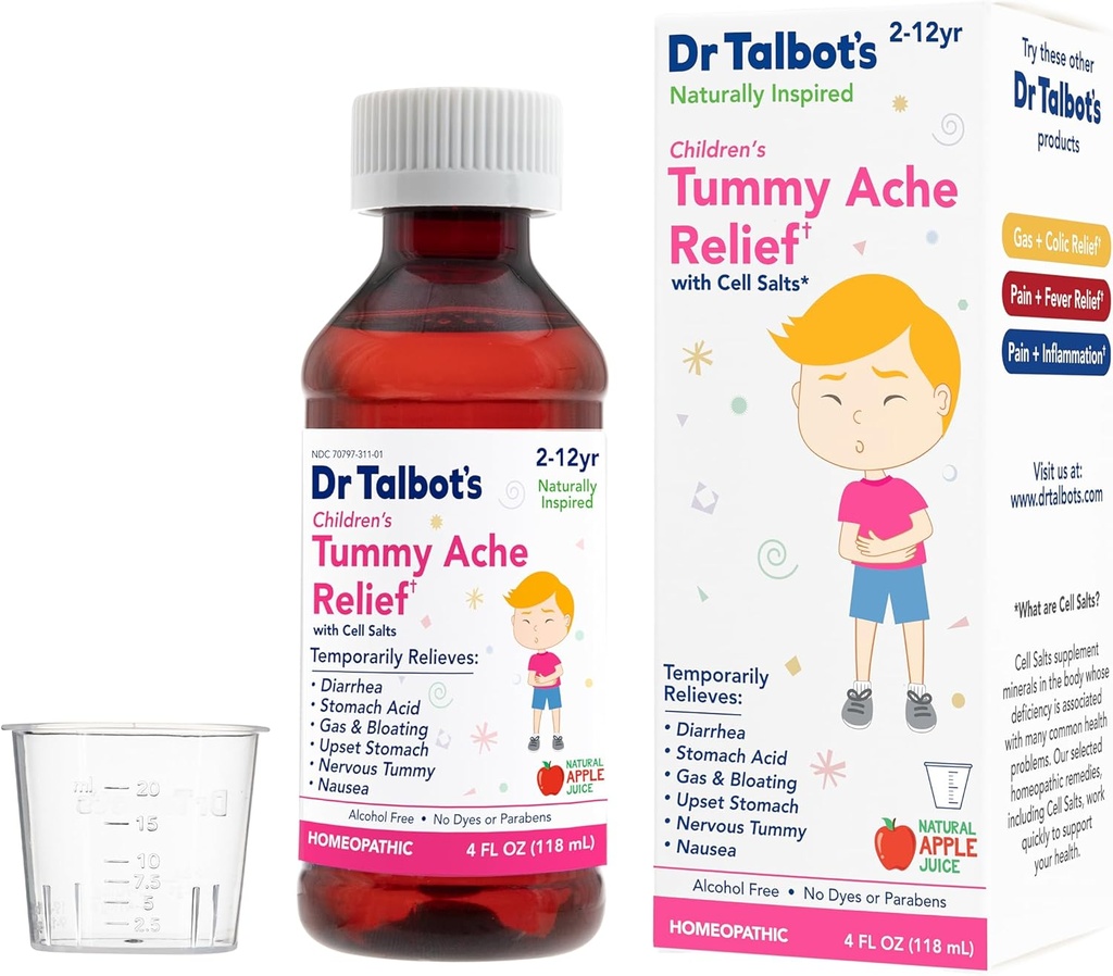 Dr. Talbot's Children's Tummy Ache Relief Medicine - 4 oz - Includes Dosage Cup - for 2-12 Years Old - Natural Apple Flavor (Packaging Varies)