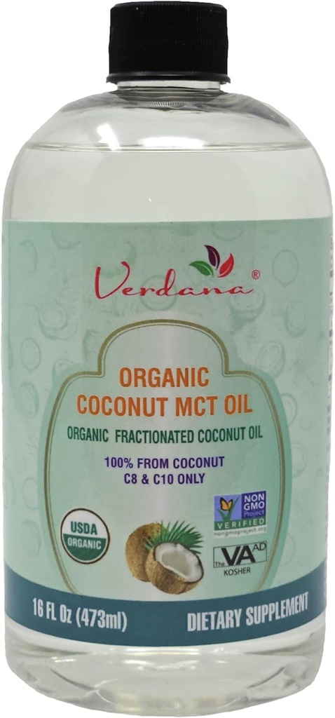 Verdana Βιολογικό MCT Oil 16 oz – Βαθμός τροφίμων USDA Βιολογικό για καφέ Keto, Άγευστο φυσικό λάδι που τραβά στοματικό διάλυμα & μασάζ - καρύδα που προέρχονται, θραύση– Μεσαία αλυσίδα C8 C10 – Μη ΓΤΟ, Kosher