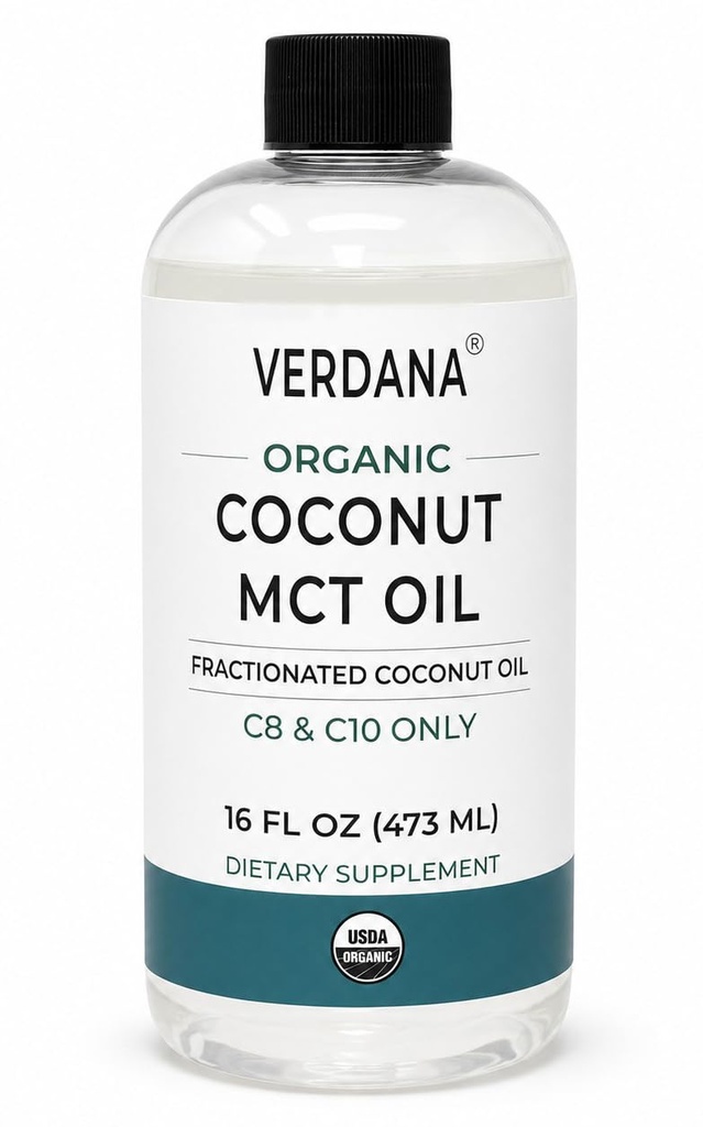 Verdana Βιολογικό MCT Oil 16 oz – Βαθμός τροφίμων USDA Βιολογικό για καφέ Keto, Άγευστο φυσικό λάδι που τραβά στοματικό διάλυμα & μασάζ - καρύδα που προέρχονται, θραύση– Μεσαία αλυσίδα C8 C10 – Μη ΓΤΟ, Kosher