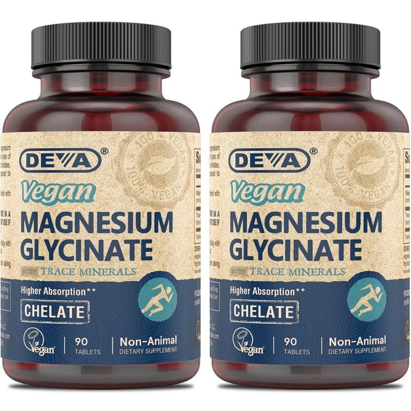 DEVA Vegan Μαγνήσιο Γλυκινικό 300mg ανά μερίδα με Trace Minerals, Υψηλότερη Απορρόφηση, Χηλικό Μαγνήσιο, 90 Δισκία (Pack of 2)