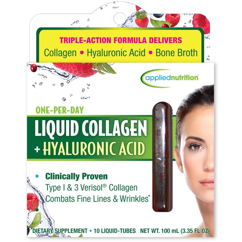 Applied Nutrition Liquid Collagen + Hyaluronic Acid - 10 Liquid Tubes - Skin & Nail Restoration - Mixed Berry Flavor - 10 Servings