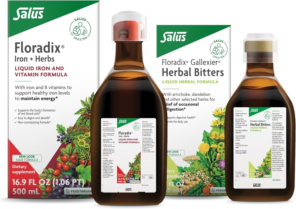 Floradix by Salus Gallexier Herbal Bitters (8,5 oz) & Iron & Herbs (16,9 oz) Bundle - Herbal Bitter for Digestive Support* - Συμπλήρωμα σιδήρου για Υγιή Ενεργειακή Υποστήριξη*