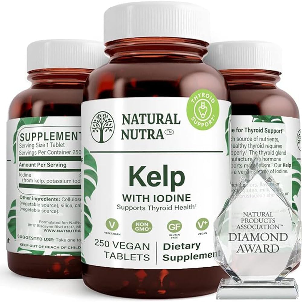 Natural Nutra Kelp Iodine Thyroid Support Supplement, Ενισχύει το ανοσοποιητικό σύστημα, και Ρυθμίζει Μεταβολισμό, Vegan Sea Kelp, Μη ΓΤΟ, Atlantic Soured Seaweed Extract, 225 mcg, 250 Tablets (Pack of 2)