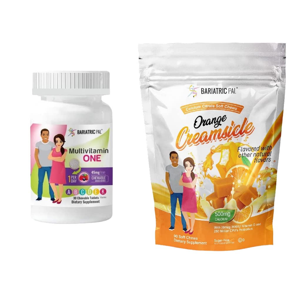 BariatricPal 30-Day Bariatric Vitamin Bundle (Πολυβιταμίνη 1 ανά ημέρα! Μασώμενα με 45mg σίδηρο - μικτό μούρο και κιτρικό ασβέστιο μαλακά μάσημα 500mg με προβιοτικά - κρέμα πορτοκάλι)