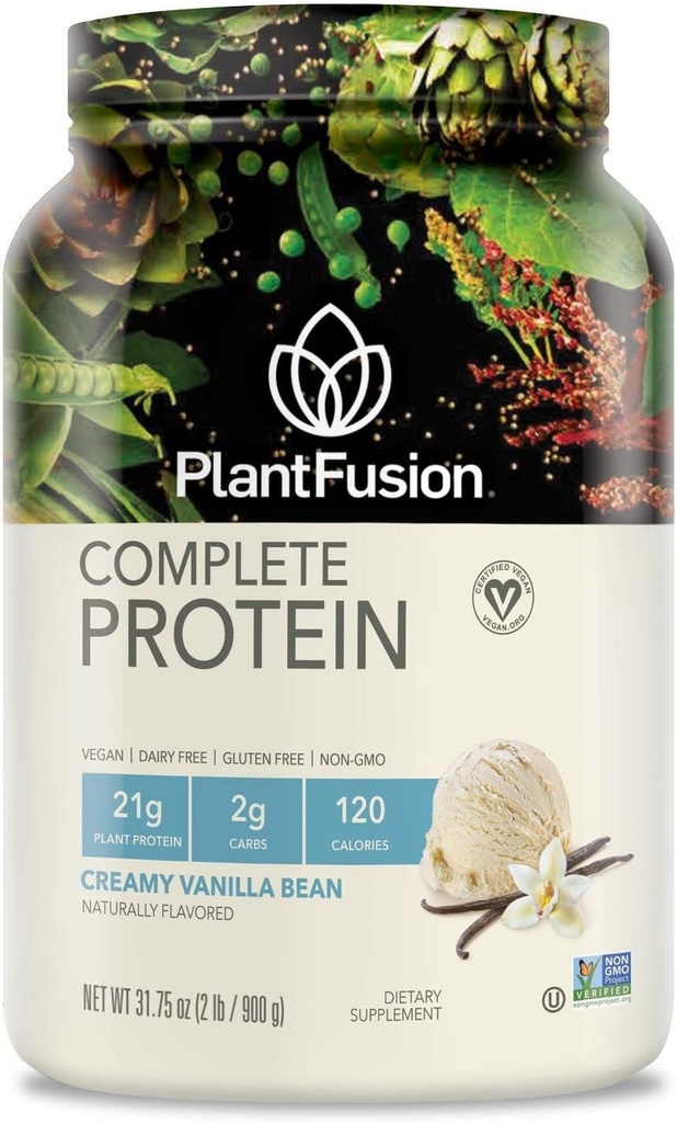 PlantFusion Complete Vegan Protein Powder - Πρωτεϊνική σκόνη με βάση τα φυτά με BCAAs, Digestive Enzymes και Pea Protein - Keto, Χωρίς γλουτένη, Χωρίς σόγια, Χωρίς ζάχαρη, Χωρίς GMO - Vanilla Bean 2 lb