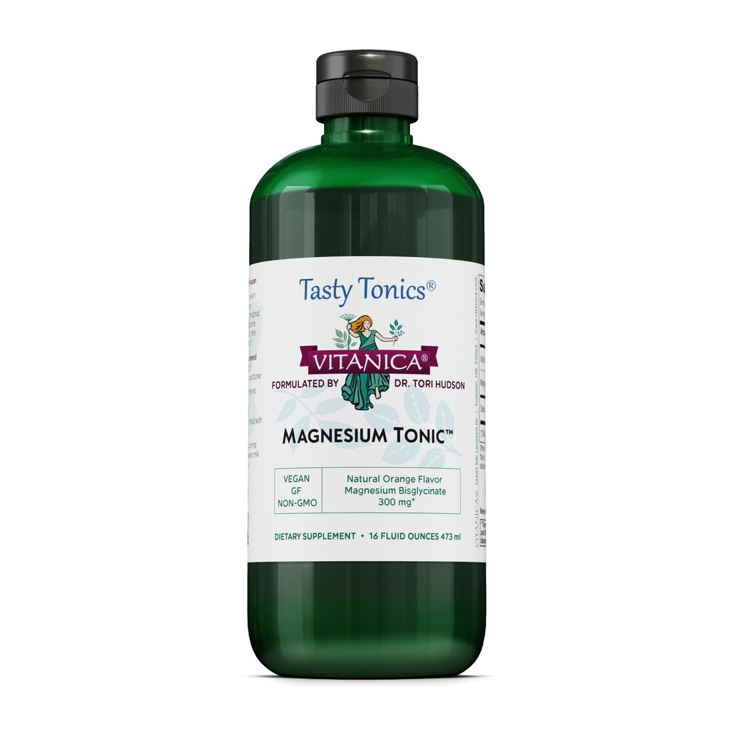 Vitanica Magnesium Tonic, Liquid Magnesium Bisglycinate Chelate 300 mg with Vitamin B6, Dr Formulated Supplement, Orange Flavor, Vegan, Gluten Free and Non-GMO,16 fl oz