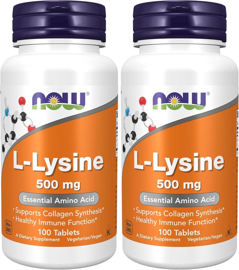 NOW Συμπληρώματα, L-Lysine (L-Lysine Hydrochloride) 500 mg, Amino Acid, 100 Count(Pack of 2)