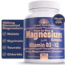 4-σε-1 σύμπλοκο μαγνησίου 420mg με βιταμίνη D3 K2 - Premium συμπλήρωμα μαγνησίου με μηλεϊκό μαγνήσιο, διγλυκινικό (γλυκινικό), ταυρικό και χλωρίδιο - 90 κάψουλες Κατασκευασμένες στις ΗΠΑ