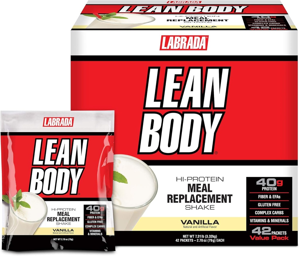 Labrada Lean Body MRP All-In-One Vanilla Meal Replacement Shake, 40g Protein, Whey Blend, 8g Healthy Fats & Fiber της EFA, 22 Βιταμίνες και Ορυκτά, Χωρίς τεχνητό χρώμα, Χωρίς Γλουτένη, (42 Packets)