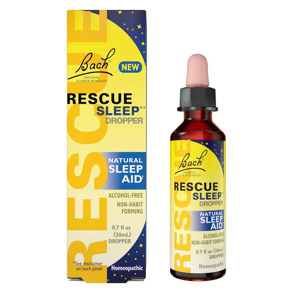 Bach RESCUE SLEEP Σταγονομετρητής 20mL, Φυσική Βοήθεια για τον Ύπνο, Ομοιοπαθητικό Απόσταγμα Λουλούδι, Χωρίς Μελατονίνη, Ζάχαρη, & Γλουτένη, Οικογένεια-Φιλική, Μη αλκοολούχα Formula