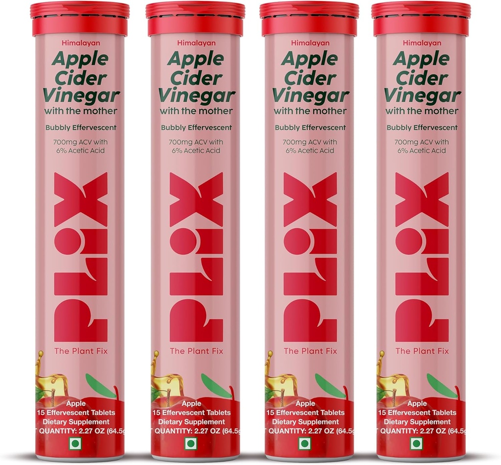 PLIX Apple Cider Vinegar Αναβράζοντα δισκία με τη μητέρα, 700mg ACV με VIT B12, B6, Συσκευασία των 4 