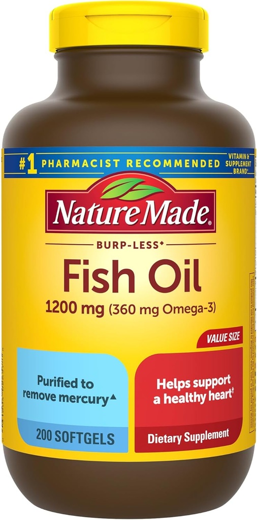 Nature Made Burp Less Fish Oil Omega 3 Συμπληρώματα, 1200 mg Softgels, Omega 3 Fish Oil for Healthy Heart Support, 200 Softgels, 100 Day Supply