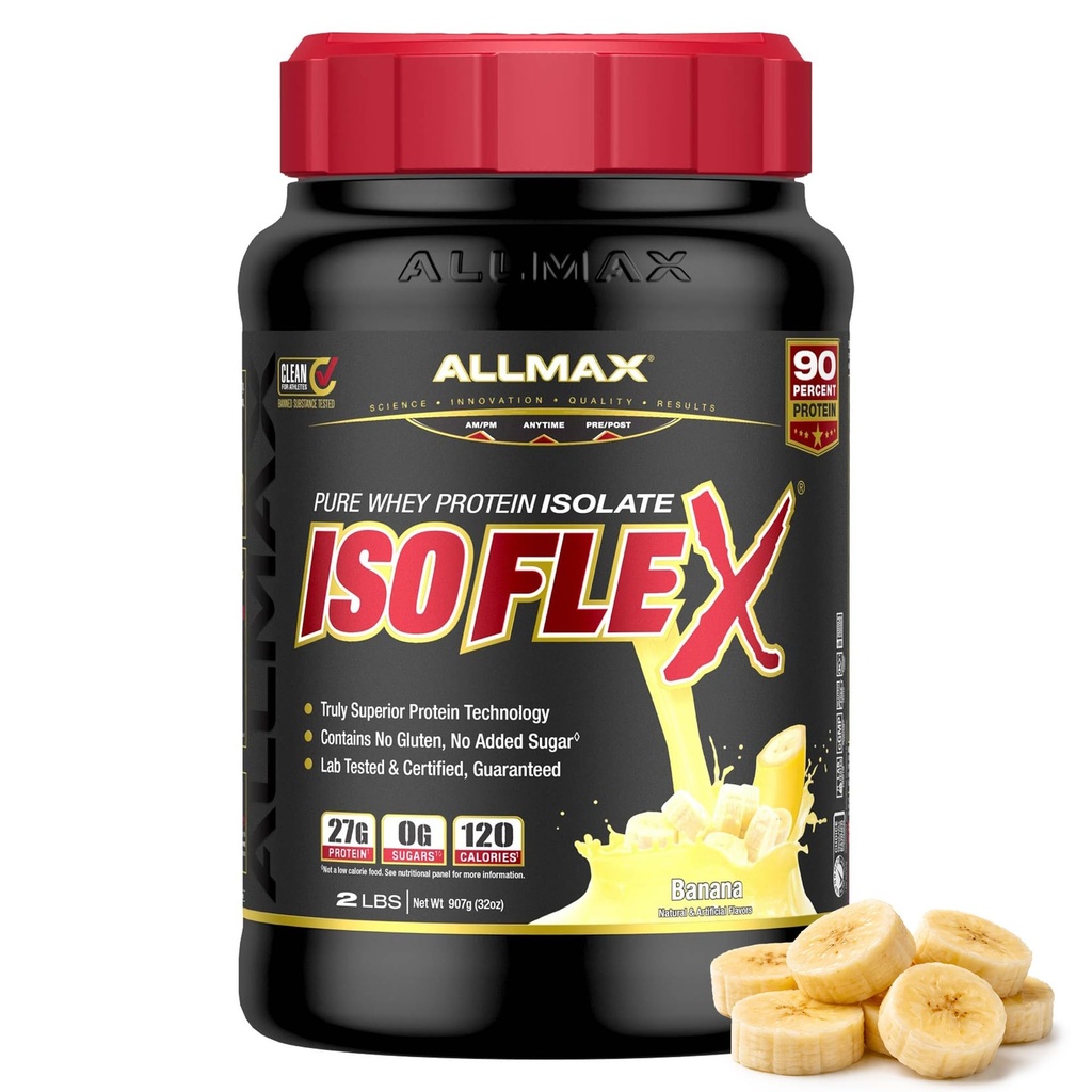 ALLMAX ISOFLEX Pure Whey Isolate Protein Powder - Gluten Free, Low Lactose, Sugar-Free - High-Protein, Clean, Keto-Friendly for Pre Post Workout Supplement for Women and Men | Banana, 2lb
