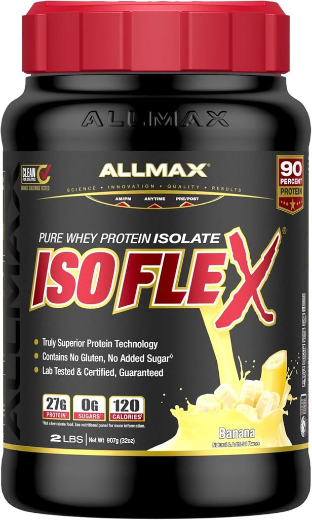 ALLMAX Nutrition ISOFLEX Whey Protein Isolate, Banana - 2 lb - 27 Grams of Protein Per Scoop - Zero Fat & Sugar - 99% Lactose Free - Gluten Free & Soy Free - Approximate 30 Servings