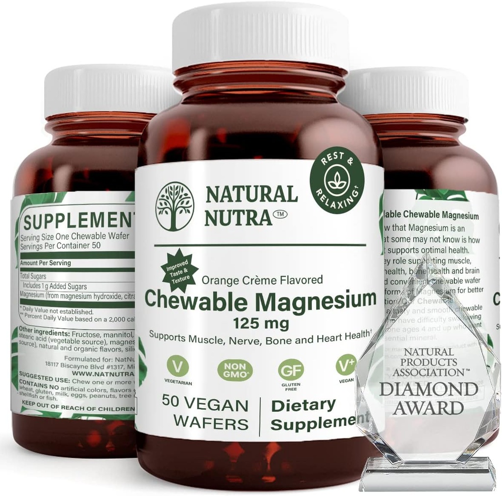 Natural Nutra Chewable Magnesium Supplement with Citrate and Chelate for Kids and Adults, Προωθεί τον καλύτερο ύπνο, Best Pure Mag Chew for Muscle, Nerve, Bone, and Heart Health, 125mg, 50 Vegan Wafers