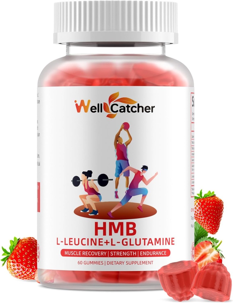 HMB και Leucine Amino Acid Gummies: HMB Συμπληρώματα για άνδρες Γυναίκες με L-Γλουταμίνη για την ανάπτυξη μυών γρήγορη αποκατάσταση προπόνησης, χωρίς ζάχαρη Vegan Μη ΓΤΟ Φράουλα Γεύση 30 ημερών