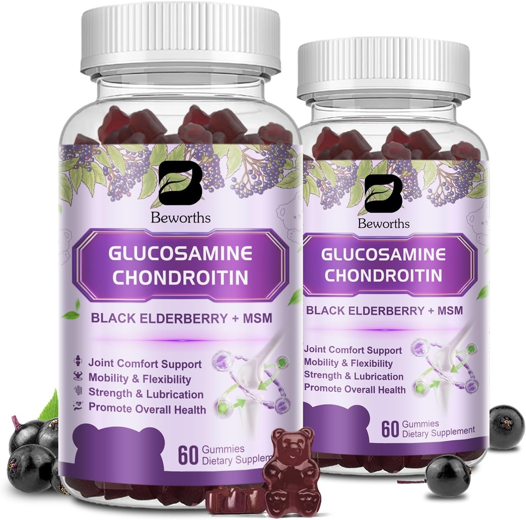 (2 Pack) Γλυκοζαμίνη Chondroitin Gummies, επιπλέον συμπλήρωμα κοινής υποστήριξης δύναμης με MSM & Elderberry για κινητικότητα & ευελιξία, αντιοξειδωτική υποστήριξη για άνδρες & γυναίκες, 120 Gummies