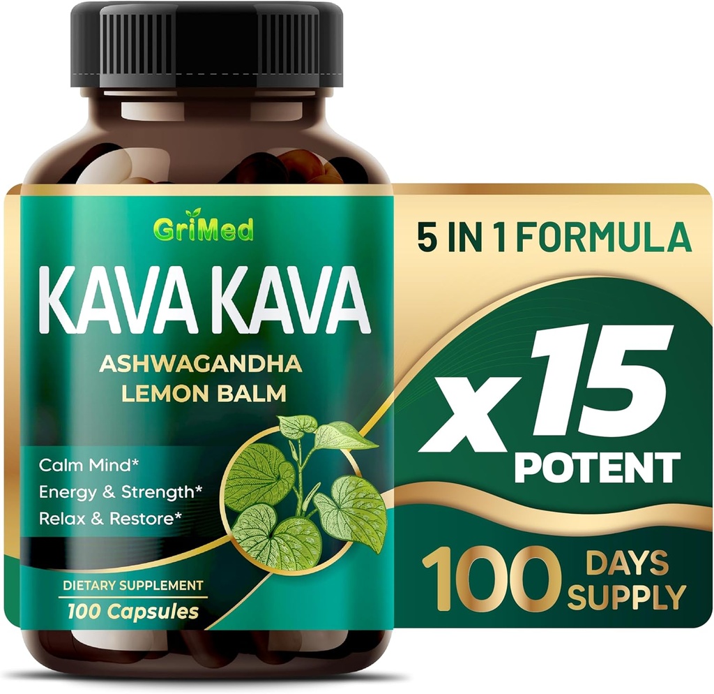 Grimed Kava Kava 19.700mg - X 15 Power with Ashwagandha Lemon Balm - Δύναμη, Χαλαρώστε, Επαναφορά, Ηρεμία - Κατασκευάζεται στις ΗΠΑ (100 Count (Pack of 1))