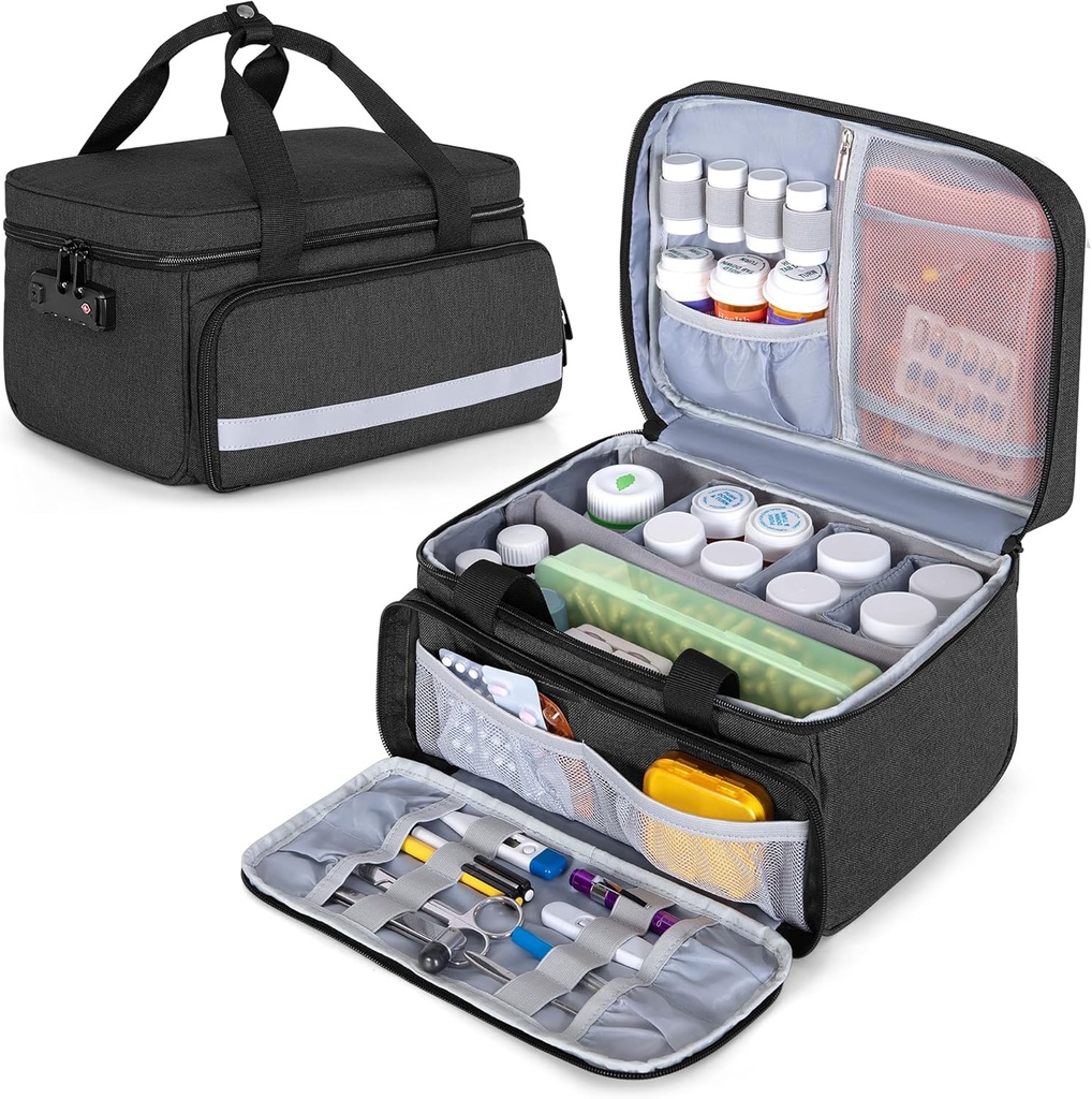 CURMIO Pill Μπουκάλι Organizer Αποθήκευση, medication κουτί κλειδώματος για Pill Organizer και Ιατρικές Προμήθειες, Μαύρο (Patented Design)