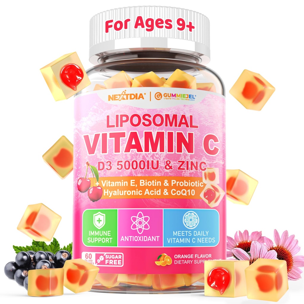Liposomal Vitamin C 1000mg + D3 5000IU + Zinc Filled Gummies, Folate 800mcg Chewable Supplement, Elderberry for Immune, Hyaluronic Acid, VE, for Beauty, Energy & Overall Health, Sugar Free, Natural ﻿