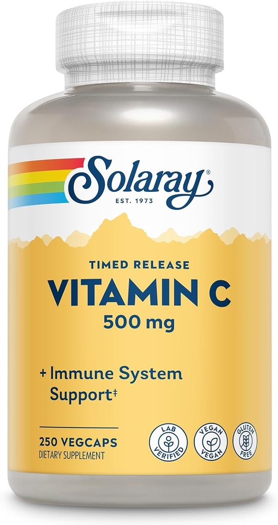 SOLARAY Vitamin C 500mg, Two-Stage Timed Release - Συμπλήρωμα Αντιοξειδωτικής και Ανοσολογικής Υποστήριξης - Βιταμίνη C με Rose HIPS και Acerola, Vegan, Χωρίς Γλουτένη, 60-Day Εγγύηση, 250 Μερίδες, 250 VegCaps