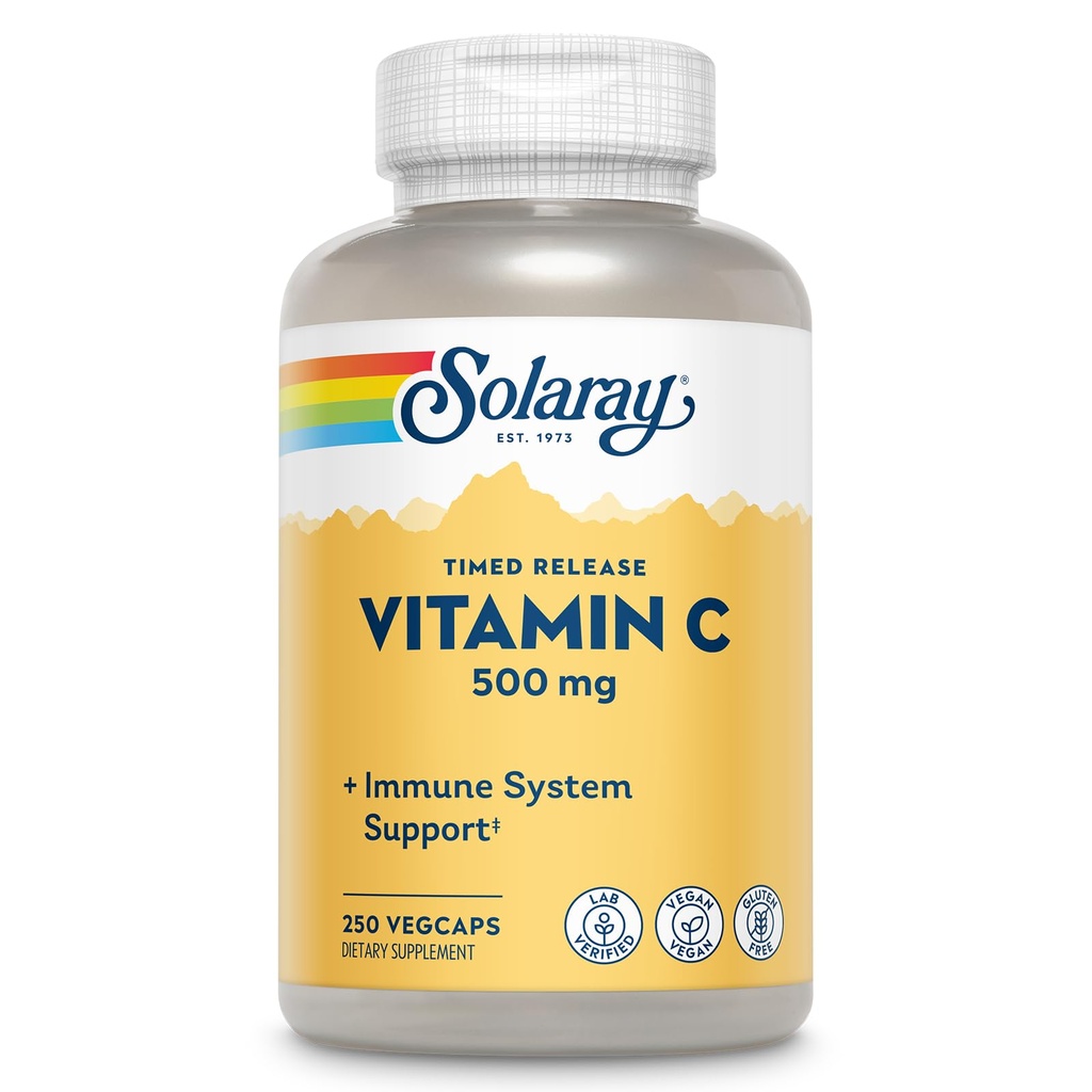 SOLARAY Vitamin C 500mg, Two-Stage Timed Release - Antioxidant and Immune Support Supplement - Vitamin C with Rose Hips and Acerola, Vegan, Gluten Free, 60-Day Guarantee, 250 Servings, 250 VegCaps