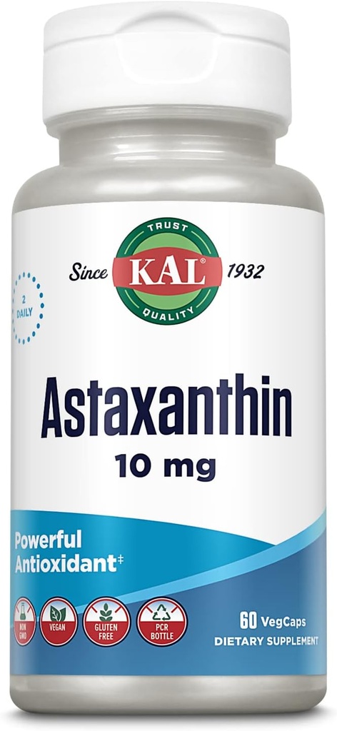 KAL Ασταξανθίνη 10mg, Ισχυρό συμπλήρωμα αντιοξειδωτικών, Eye Health and Brain Supplement, Από τη Φυσική Φυτική Πηγή, Μη ΓΤΟ, Vegan, Χωρίς Γλουτένη, 30 Υπηρεσίες, 60 VegCaps