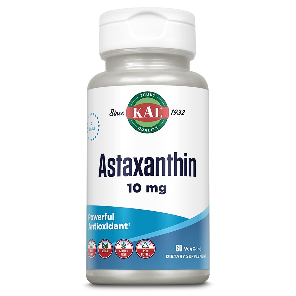 KAL Ασταξανθίνη 10mg, Ισχυρό συμπλήρωμα αντιοξειδωτικών, Eye Health and Brain Supplement, Από τη Φυσική Φυτική Πηγή, Μη ΓΤΟ, Vegan, Χωρίς Γλουτένη, 30 Υπηρεσίες, 60 VegCaps