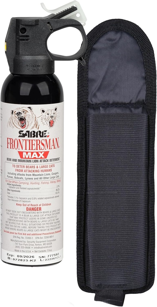 SABRE Frontiersman MAX Bear Spray – 40 ft Range, Maximum Strength, The only EPA-registered Spray for Bears & Mountain Lions, 7,9 oz, Glow Safety Clip, Outdoor Πεζοπορία & Προστασία Camping