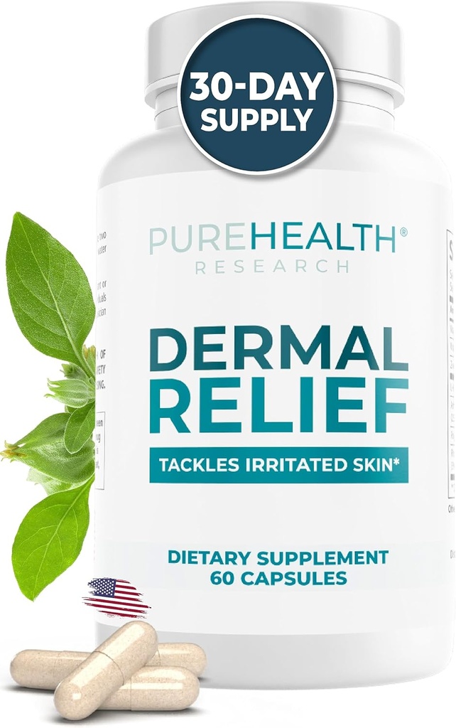 PUREHEALTH Research Dermal Relief Supplements - για Ερεθισμένο Δέρμα, Έκζεμα και Δερματίτιδα με L-Histidine, Ashwagandha Root Extract, Rhodiola Crenulata, Βιταμίνη D και E - 1 Φιάλη - 60 Κάψουλες