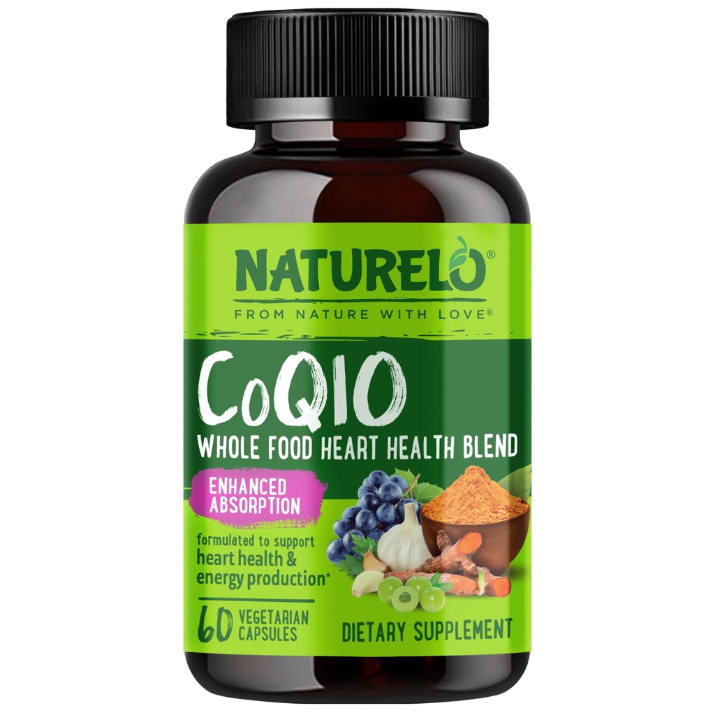 NATURELO Ολόκληρο το συμπλήρωμα τροφίμων CoQ10, 60 κάψουλες Veg, μείγμα υγείας καρδιάς, ισχυρό αντιοξειδωτικό, CoQ10 100mg για την παραγωγή ενέργειας