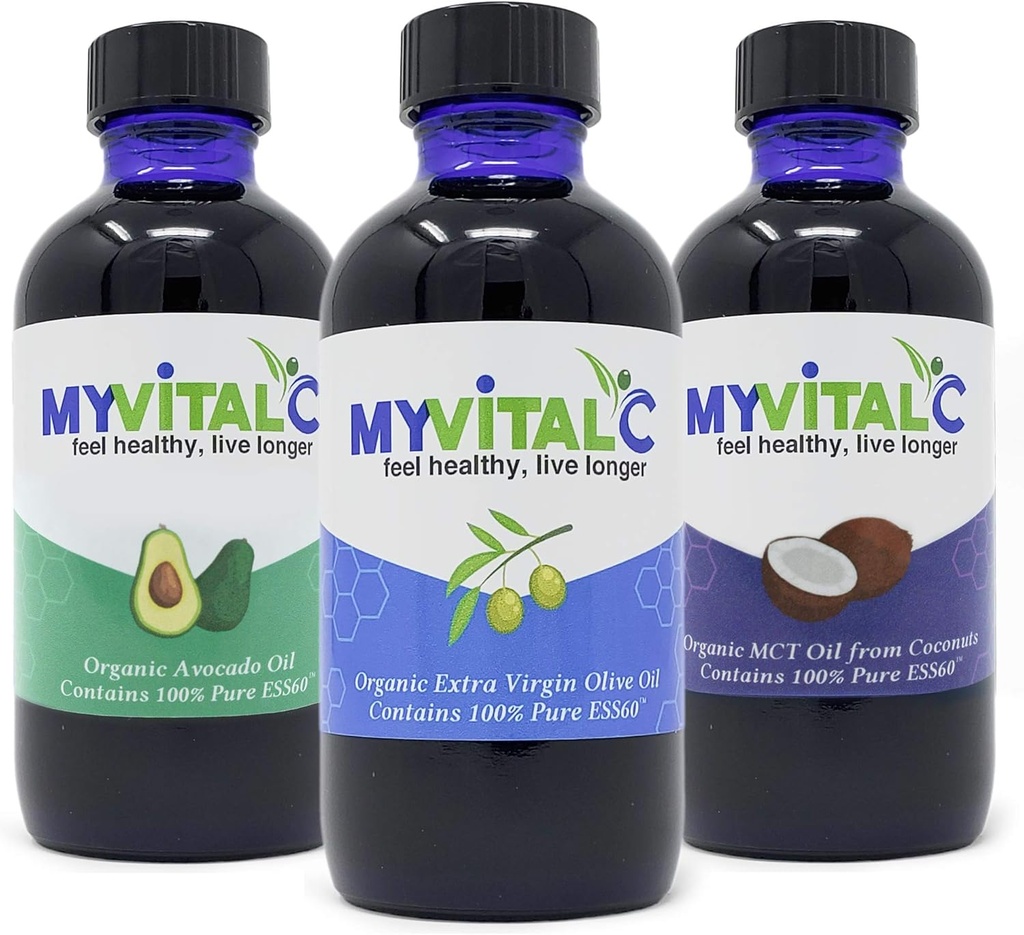 MyVitalC Combo of Organic Extra Virgin Olive Oil, MCT & Avocado Oil - Συμπλήρωμα αντιοξειδωτικών ESS60 - για την καταπολέμηση της γήρανσης, της μακροζωίας, του ύπνου, της ενέργειας - Συσκευασία των 3
