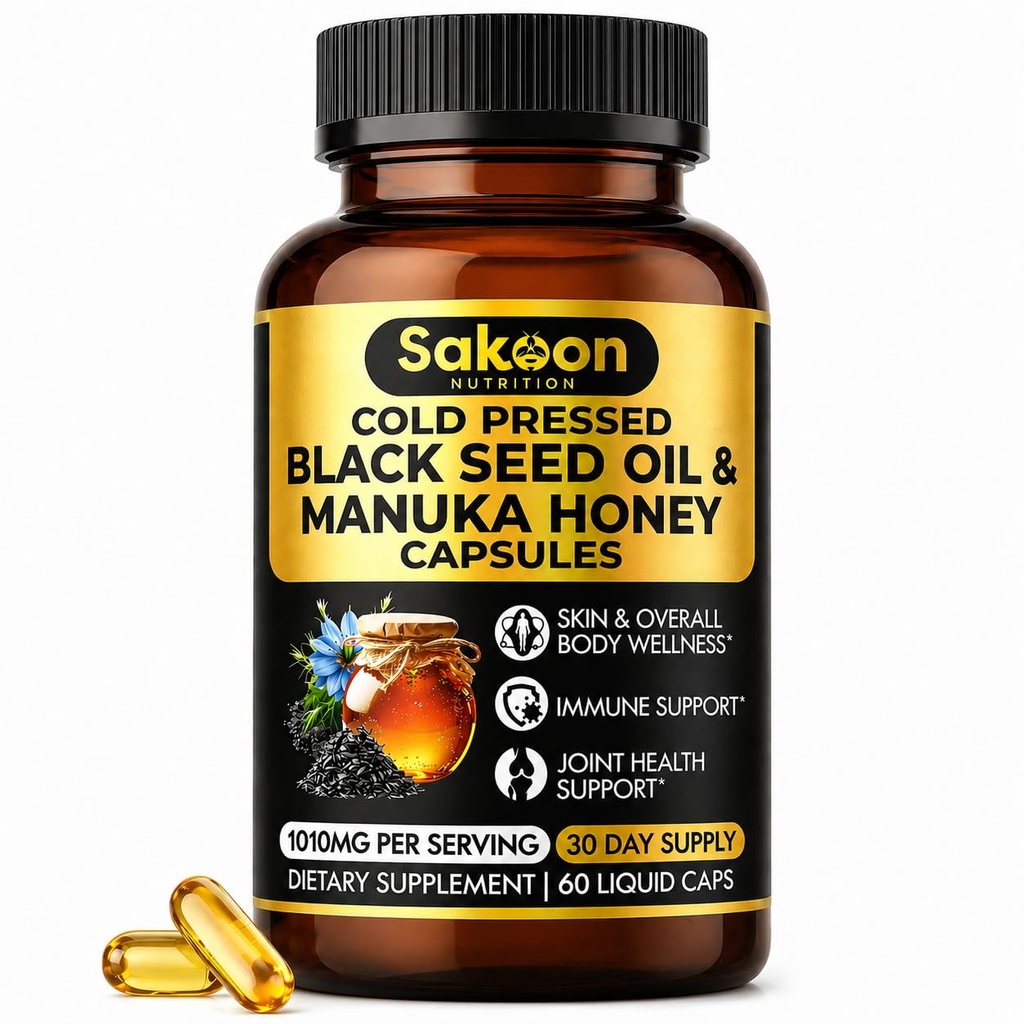 Black Seed Oil Capses - Με Μέλι Μανούκα Νέας Ζηλανδίας, Ψυχρό Πιέζεται Τουρκικό Λάδι Nigella Sativa, 2% Thymoquinone, Ανοσοποιητική & Πειθαρχική Υποστήριξη, Made in USA, 60 Count, 1010mg ανά μερίδα