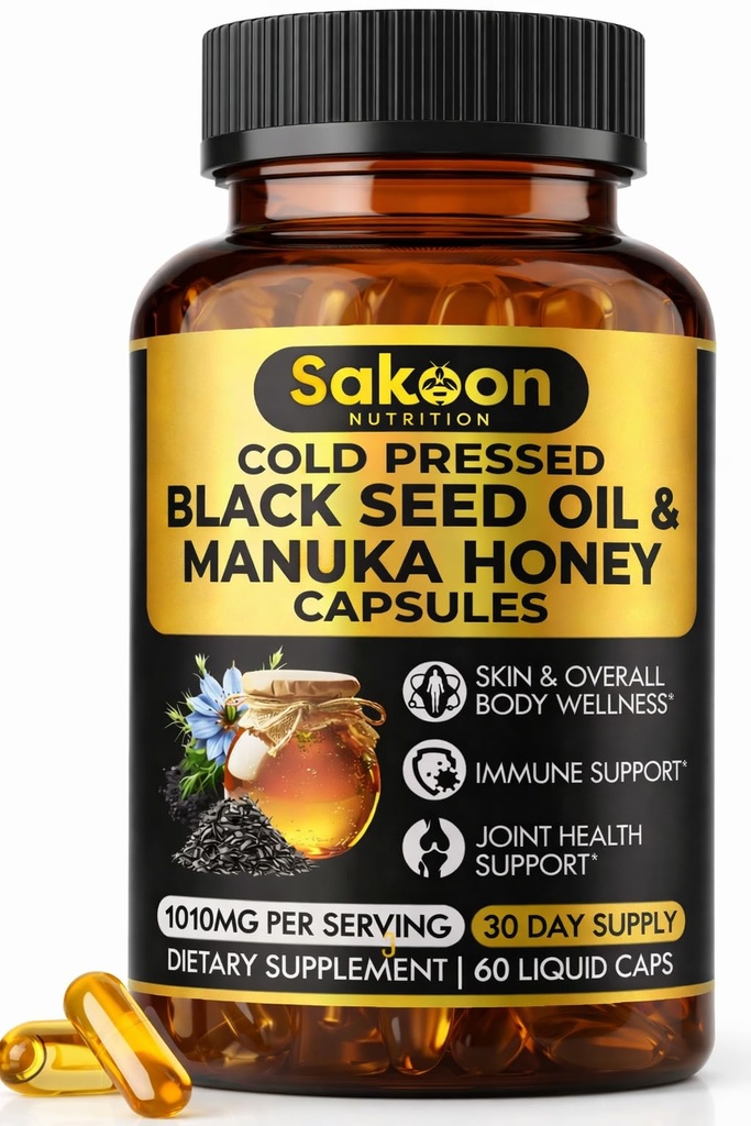 Black Seed Oil Capses - Με Μέλι Μανούκα Νέας Ζηλανδίας, Ψυχρό Πιέζεται Τουρκικό Λάδι Nigella Sativa, 2% Thymoquinone, Ανοσοποιητική & Πειθαρχική Υποστήριξη, Made in USA, 60 Count, 1010mg ανά μερίδα