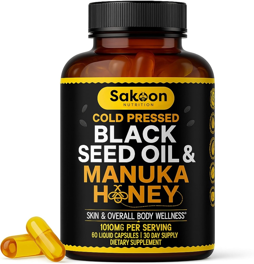 Black Seed Oil Capsules - With New Zealand Manuka Honey, Cold Pressed Turkish Nigella Sativa Oil, 2% Thymoquinone, Immune & Digestive Support, Made in USA, 60 Count, 1010mg per serving