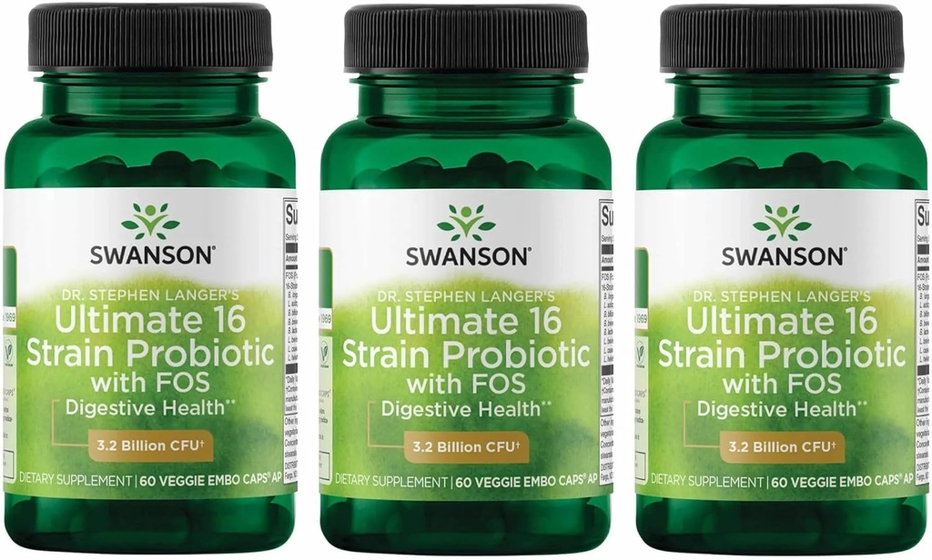 Swanson Dr. Stephen Langer's Formula - Φυσικό Probiotic w/Prebiotic FOS - 16-Strain Supplement Promotion Digestive Support w/ 3.2 Δισεκατομμύρια CFU ανά κάψουλα - (60 Veggie Κάψουλες) 3 Συσκευασία