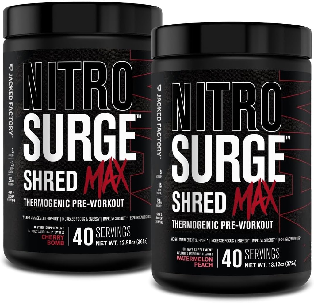 Jacked Factory Nitrosurge Shred Max Preworkout - Υψηλής απόδοσης θερμογόνος προ προπόνηση σε σκόνη με L Citrulline, Acetyl L Carnitine, Organic Caffeine - 80 εξυπηρετούν, Cherry Bomb & Watermelon Ροδάκινο